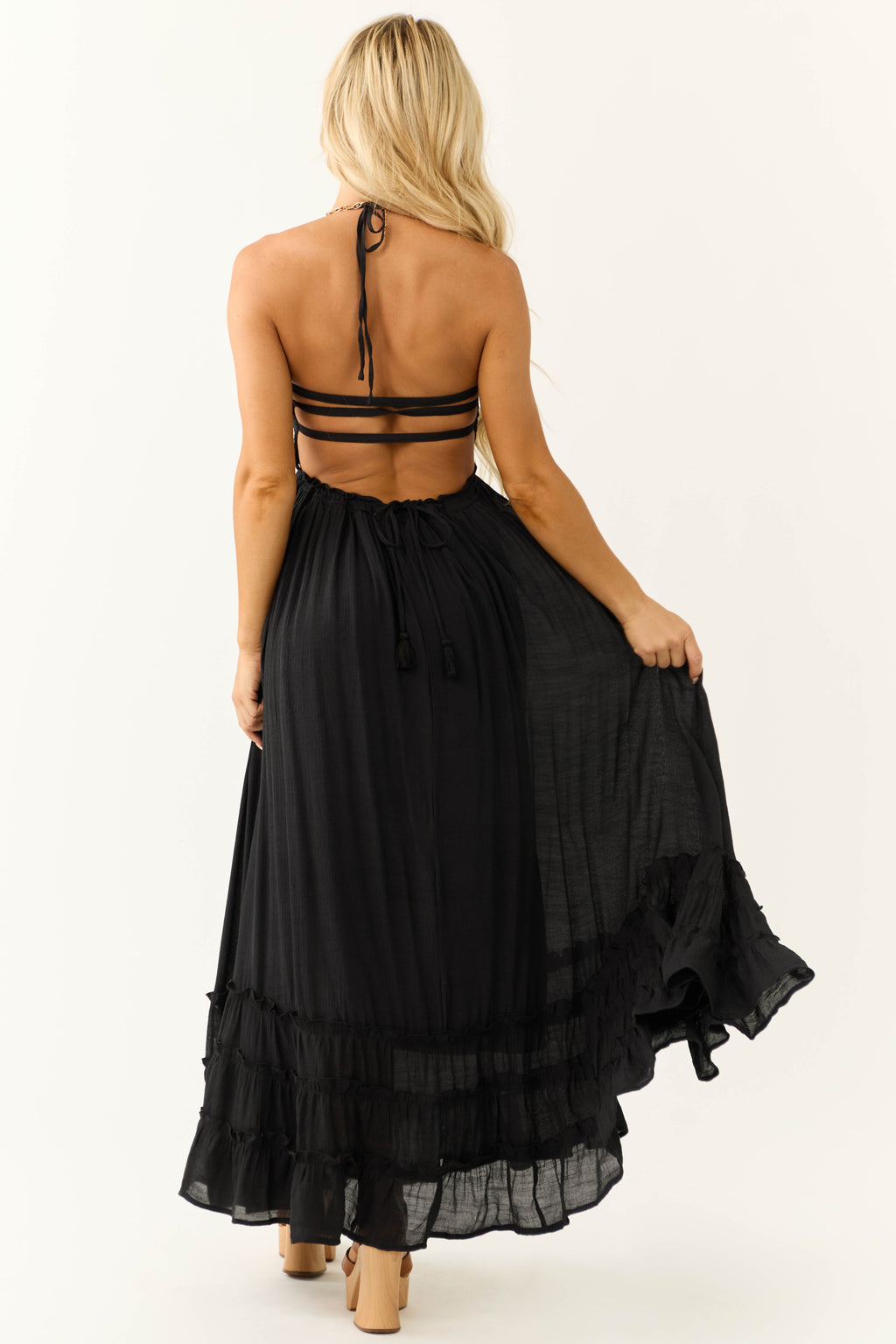 Women’s Black Sleeveless Ruffle Hem Maxi Dress