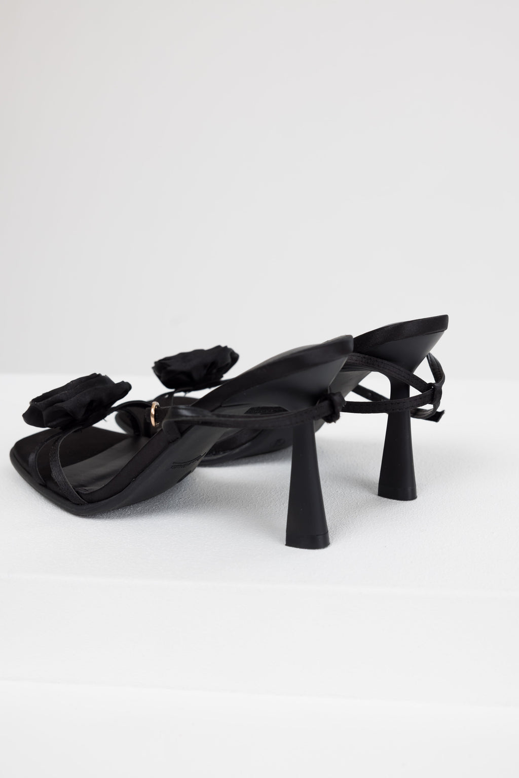 Women’s Black Satin Flower Strap Heels