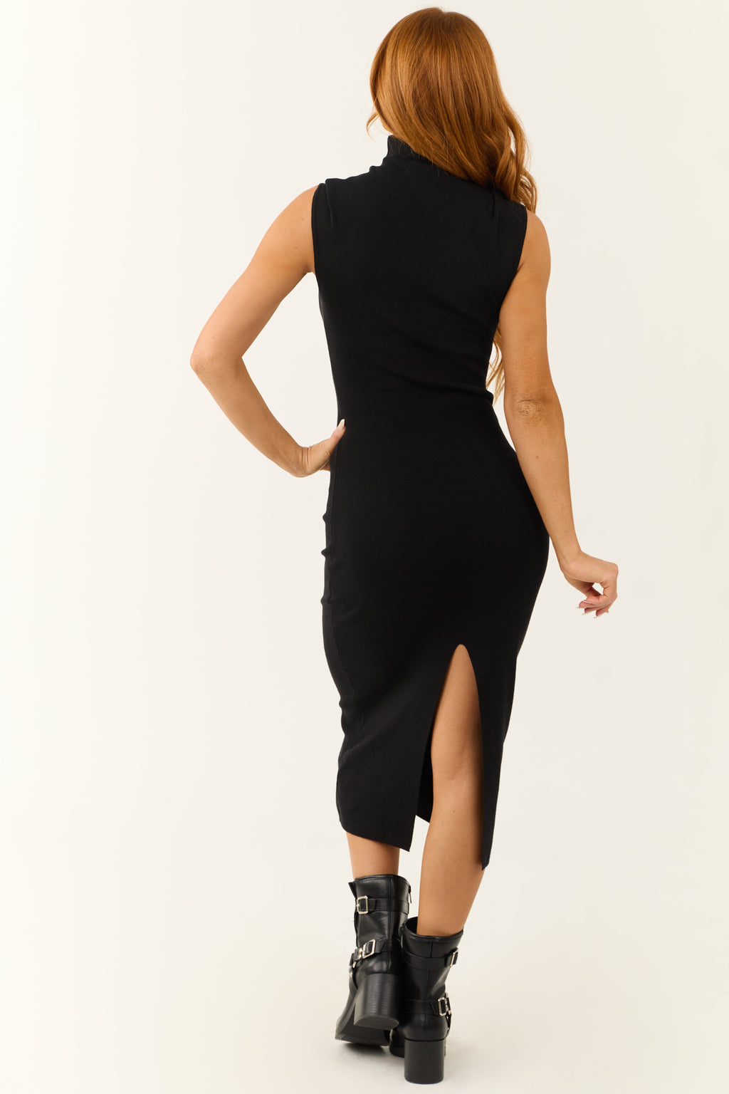 Women’s Black Ribbed Knit High Neck Midi Sweater Dress