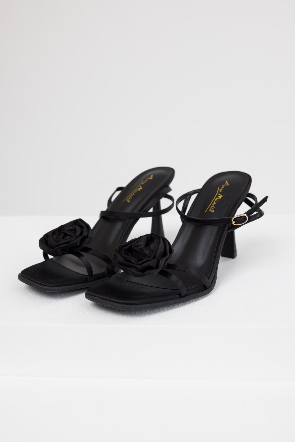 Women’s Black Satin Flower Strap Heels