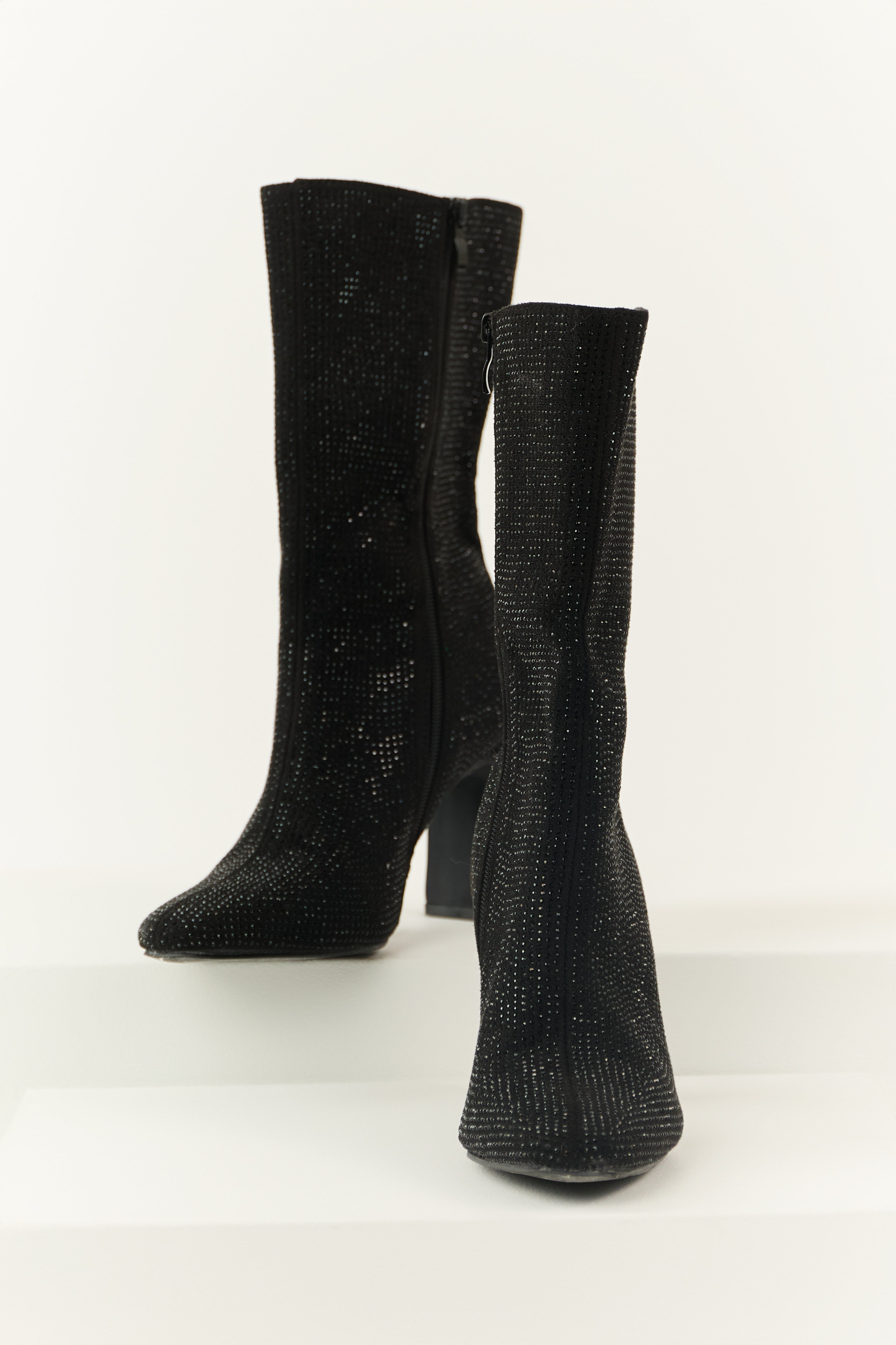 Women’s Black Rhinestone Zip Up Heeled Boots