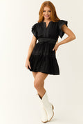 Women’s Black V Neck Ruffle Short Sleeve Mini Dress