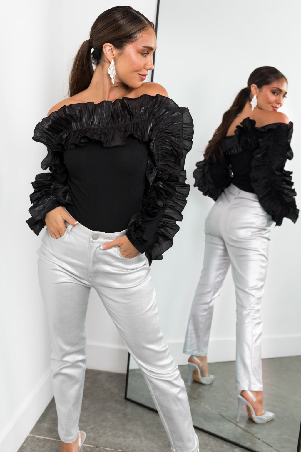 Women’s Black Off the Shoulder Ruffle Long Sleeve Top