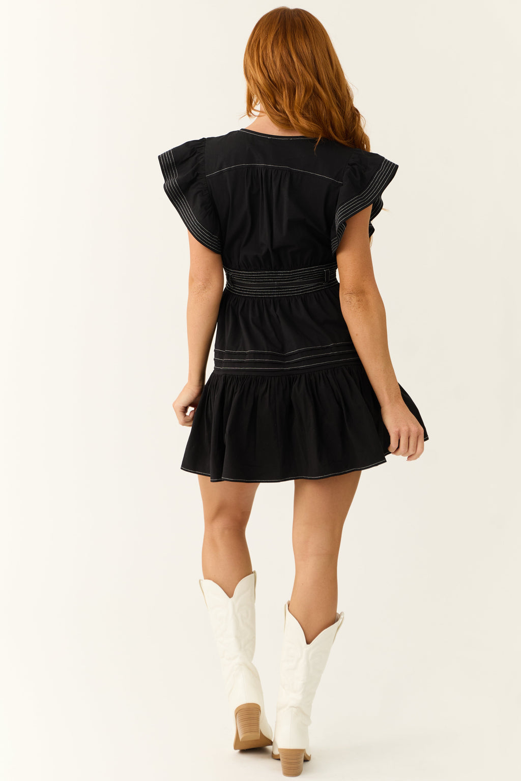Women’s Black V Neck Ruffle Short Sleeve Mini Dress