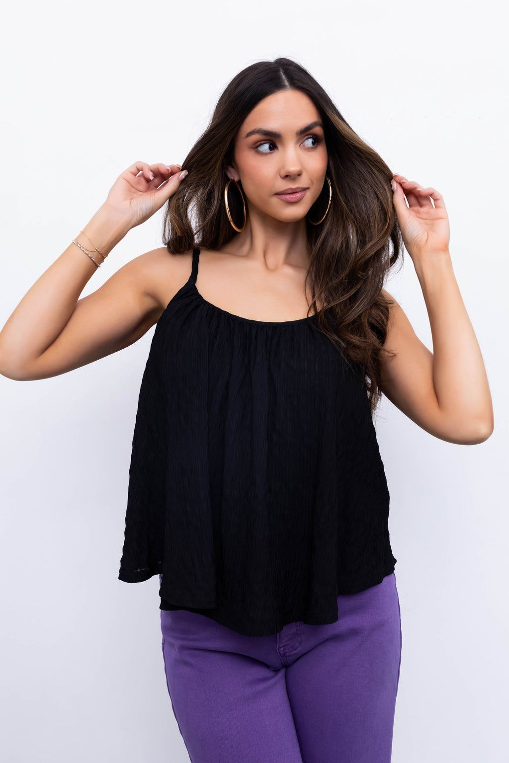 Women’s Black Round Neck Flowy Cami Tank Top