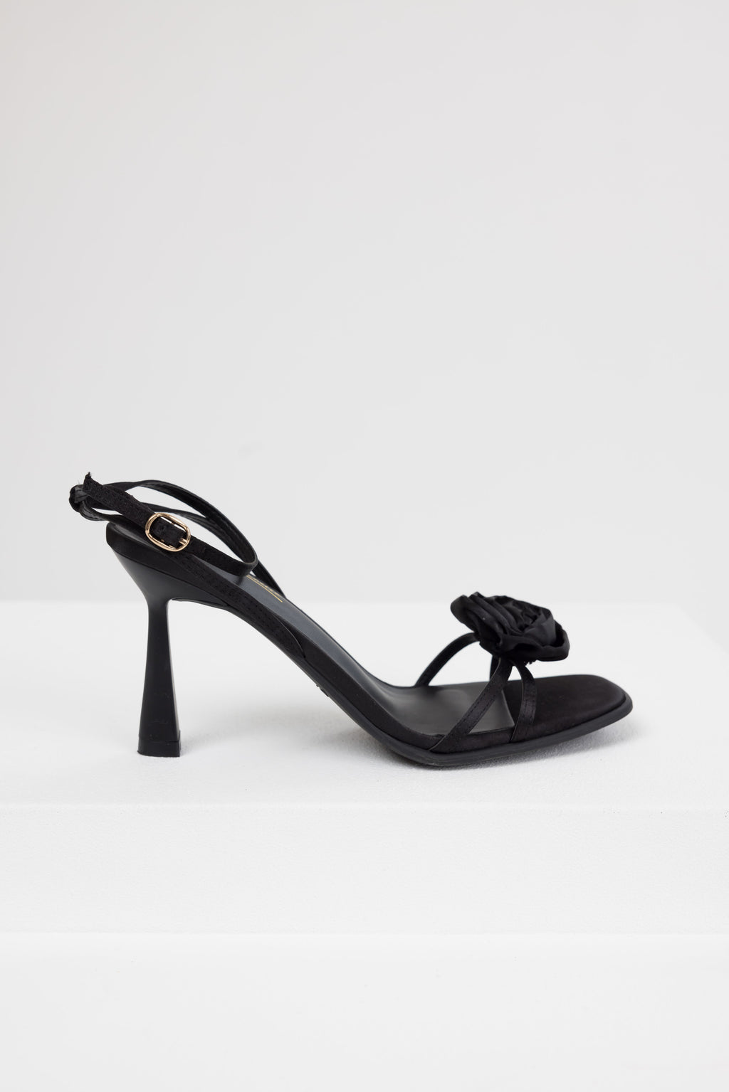 Women’s Black Satin Flower Strap Heels