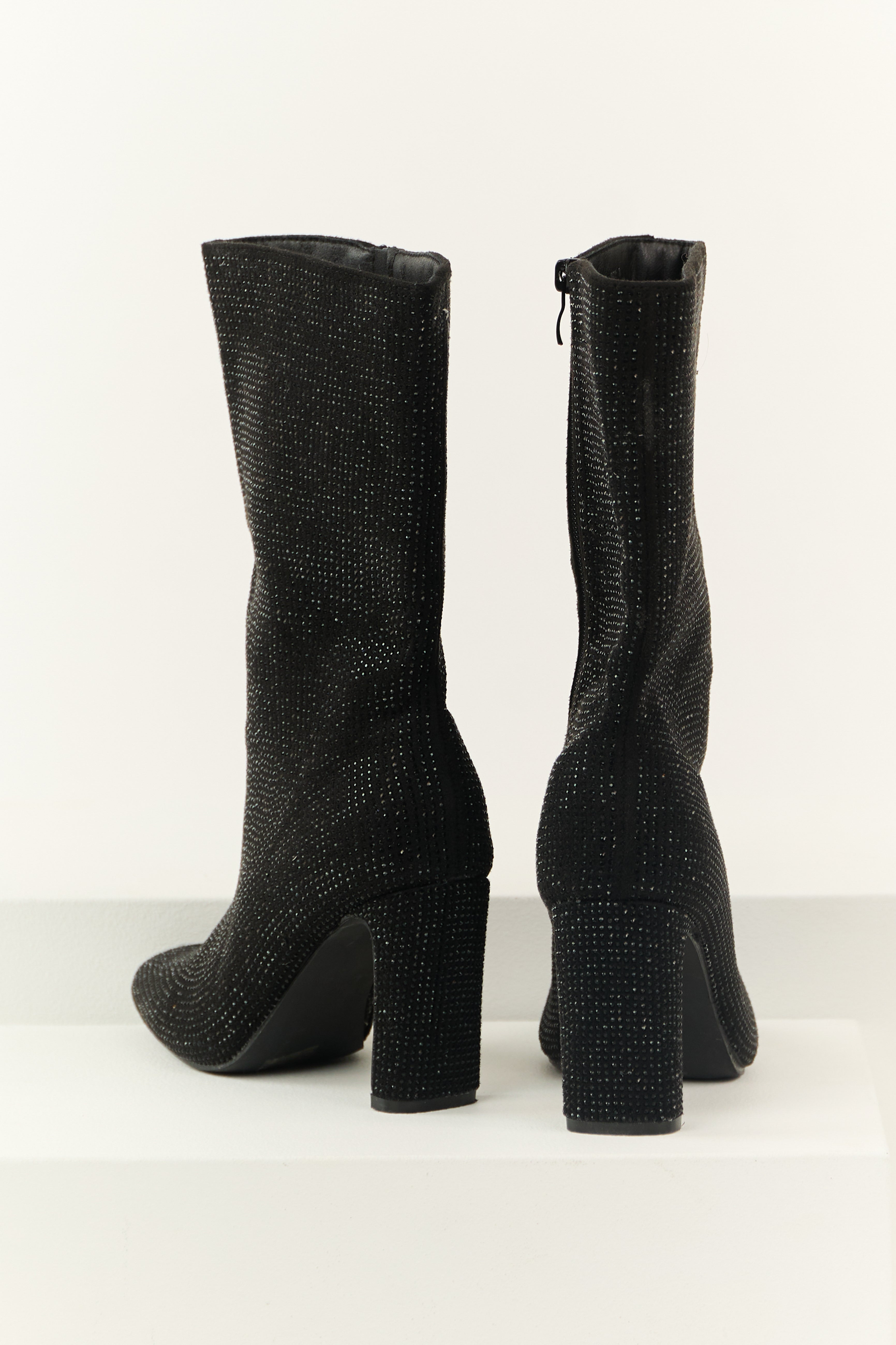 Women’s Black Rhinestone Zip Up Heeled Boots