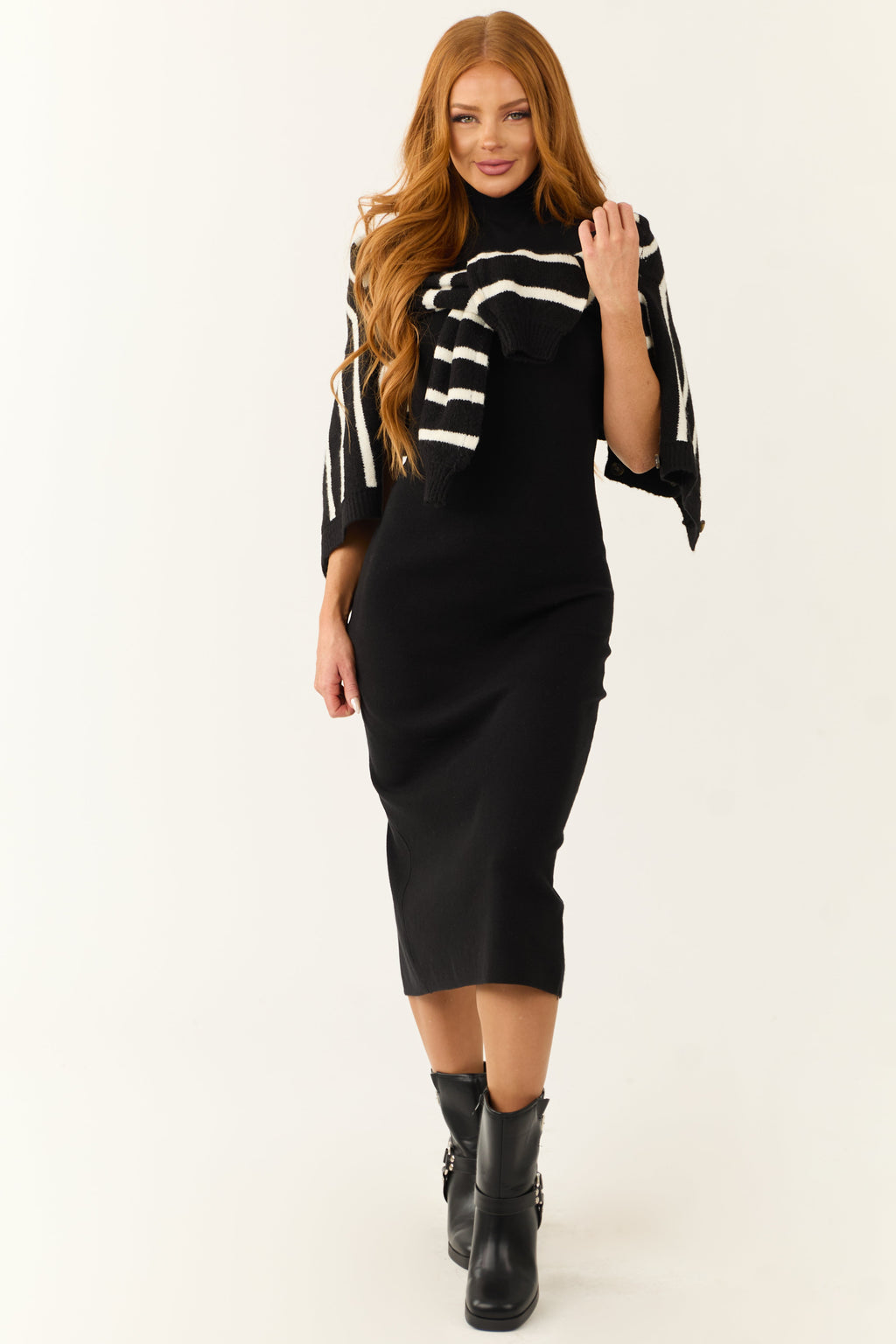 Women’s Black Ribbed Knit High Neck Midi Sweater Dress