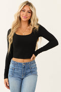 Women’s Black Scoop Neck Fitted Long Sleeve Knit Top