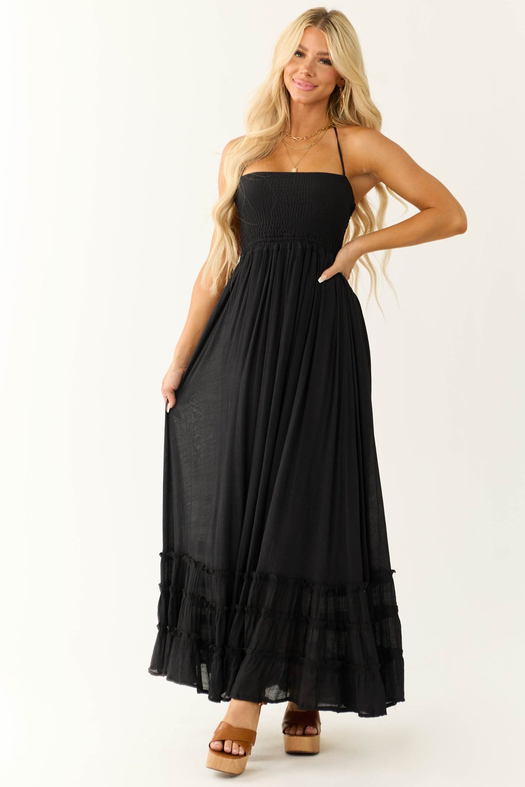 Women’s Black Sleeveless Ruffle Hem Maxi Dress