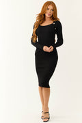 Women’s Black Long Sleeve Ribbed Midi Dress with Gold Buttons
