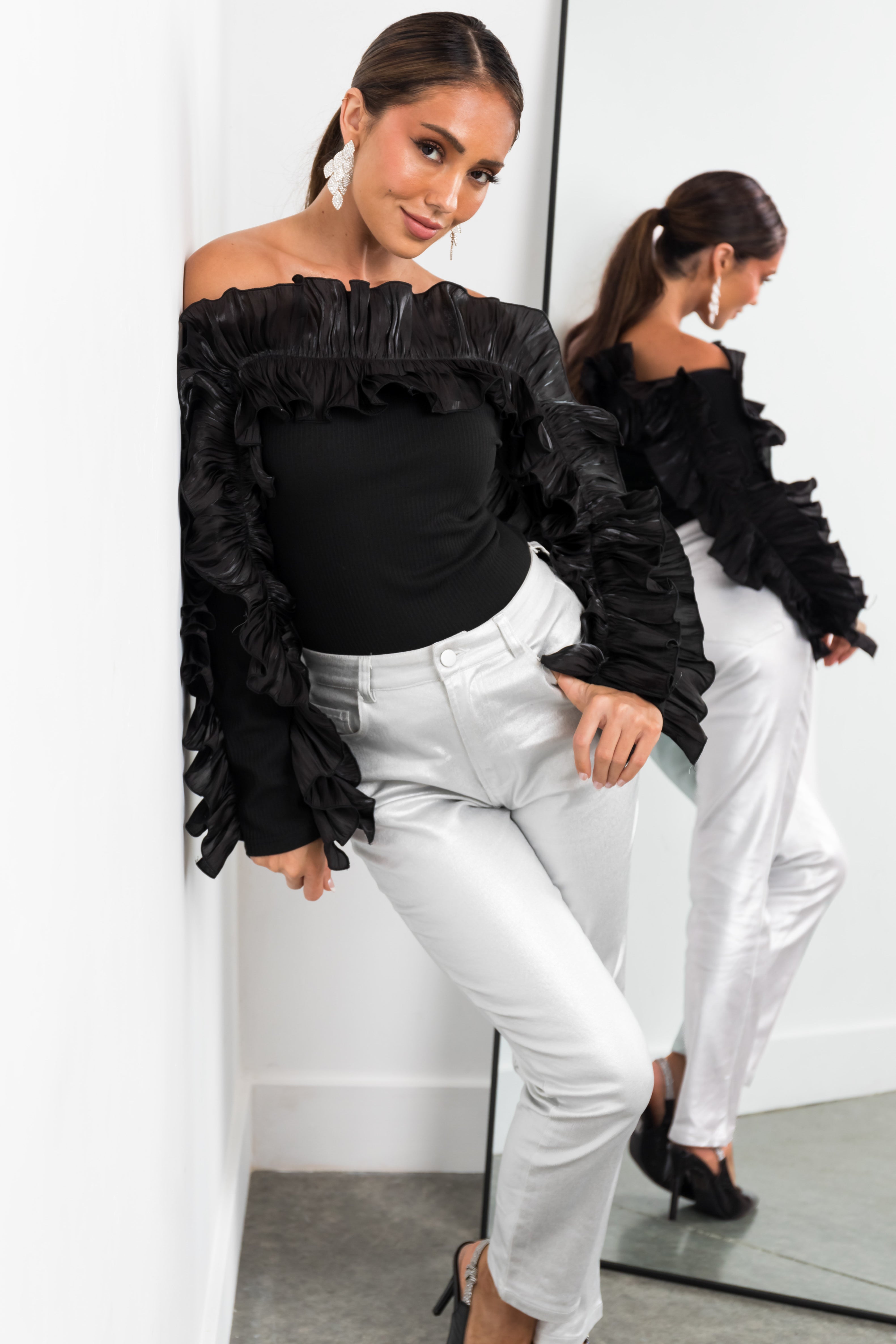 Women’s Black Off the Shoulder Ruffle Long Sleeve Top