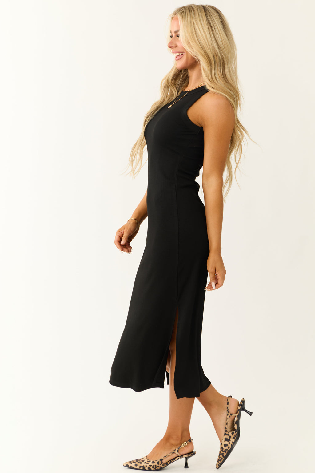 Women’s Black Ribbed Knit Tank Midi Dress