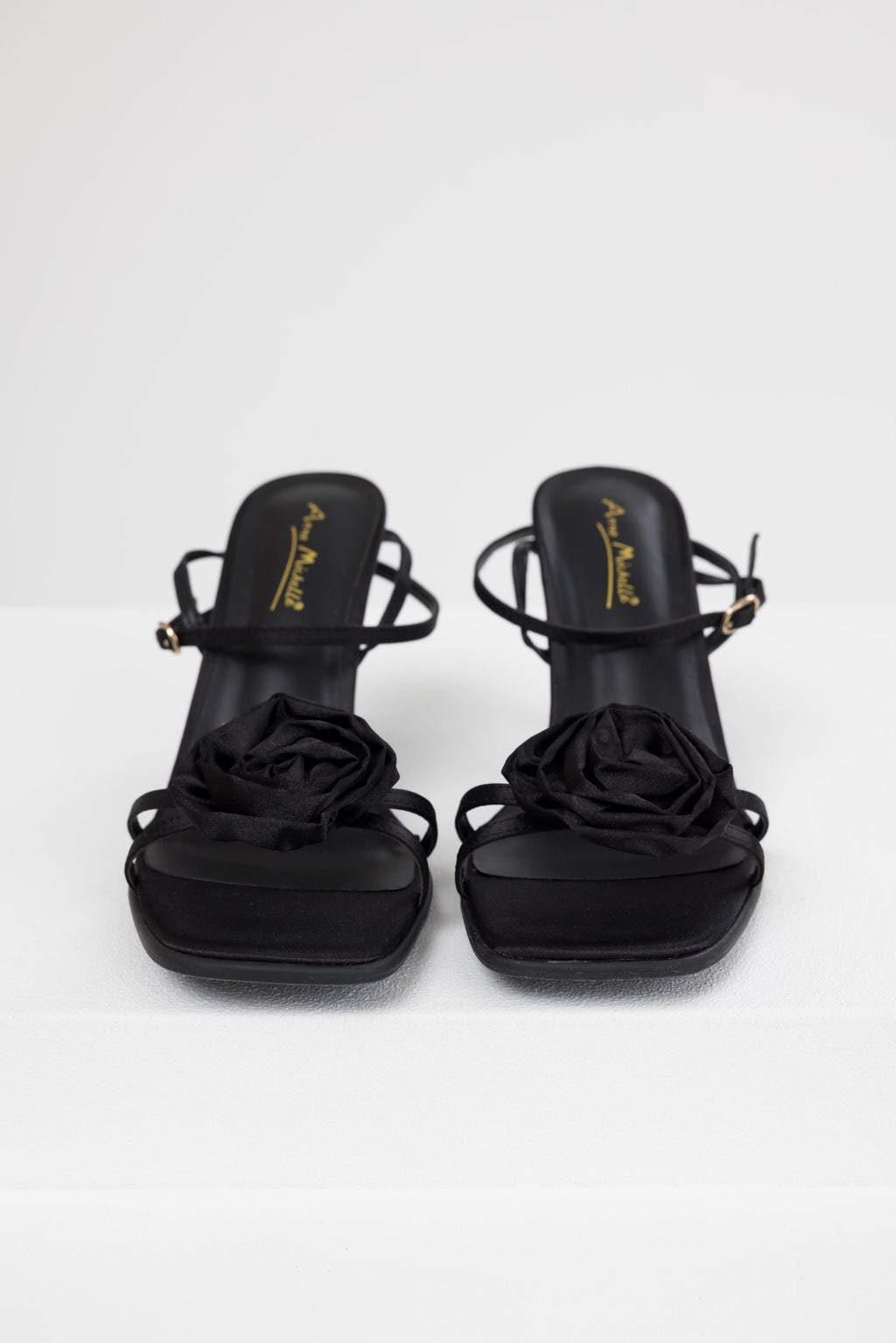 Women’s Black Satin Flower Strap Heels