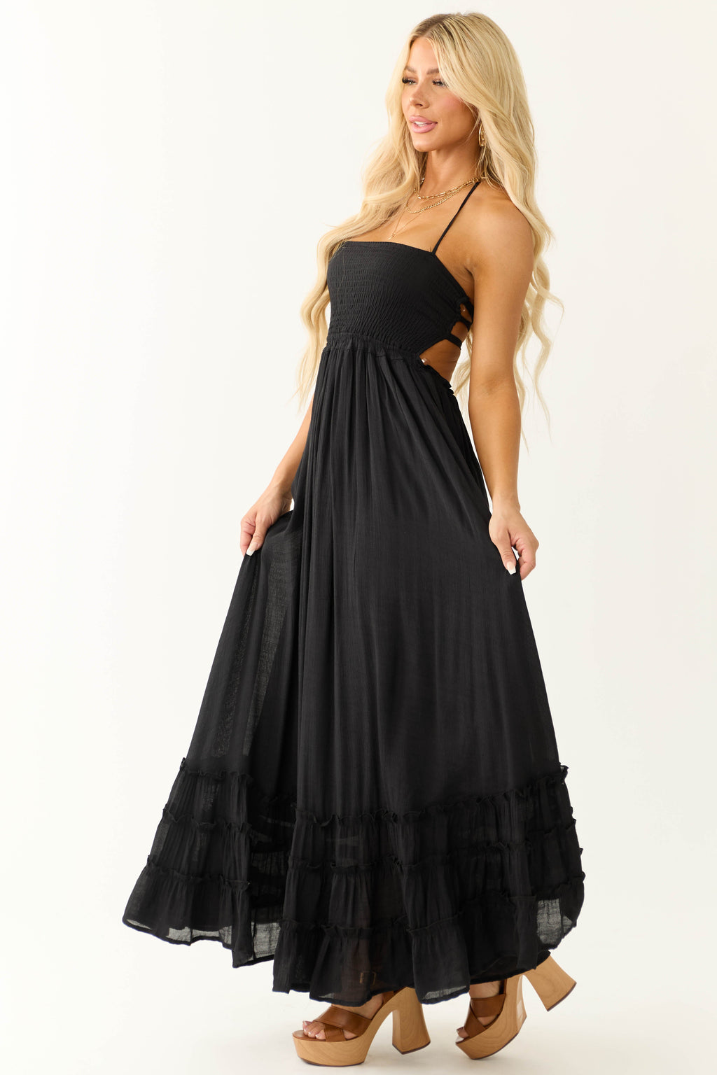 Women’s Black Sleeveless Ruffle Hem Maxi Dress