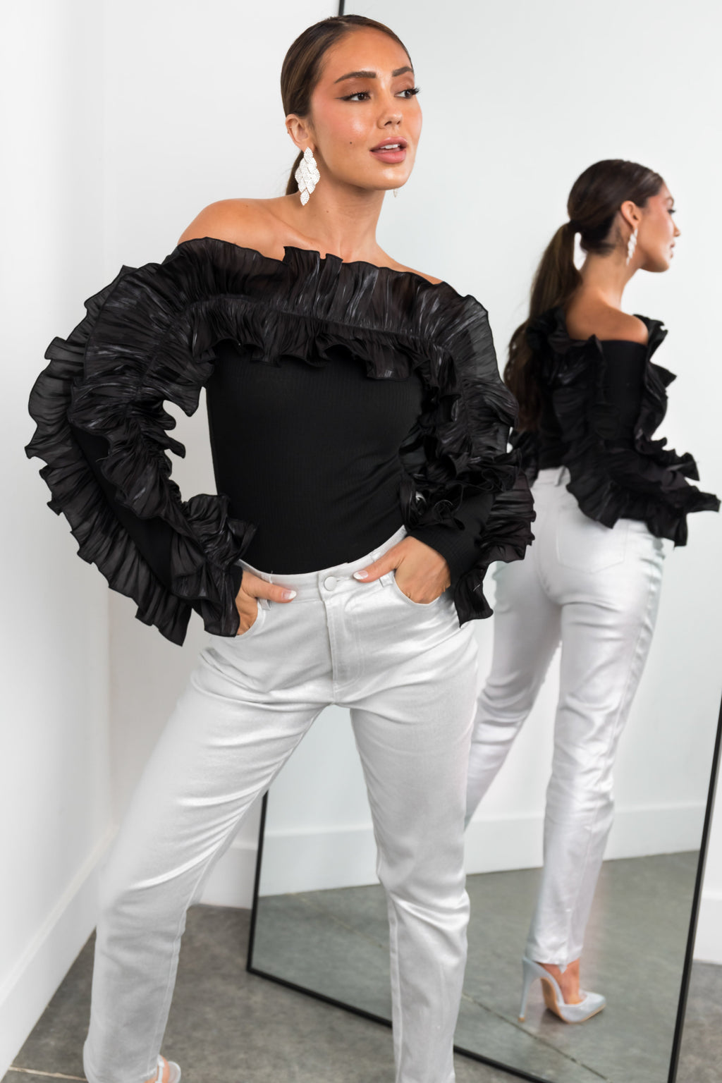 Women’s Black Off the Shoulder Ruffle Long Sleeve Top
