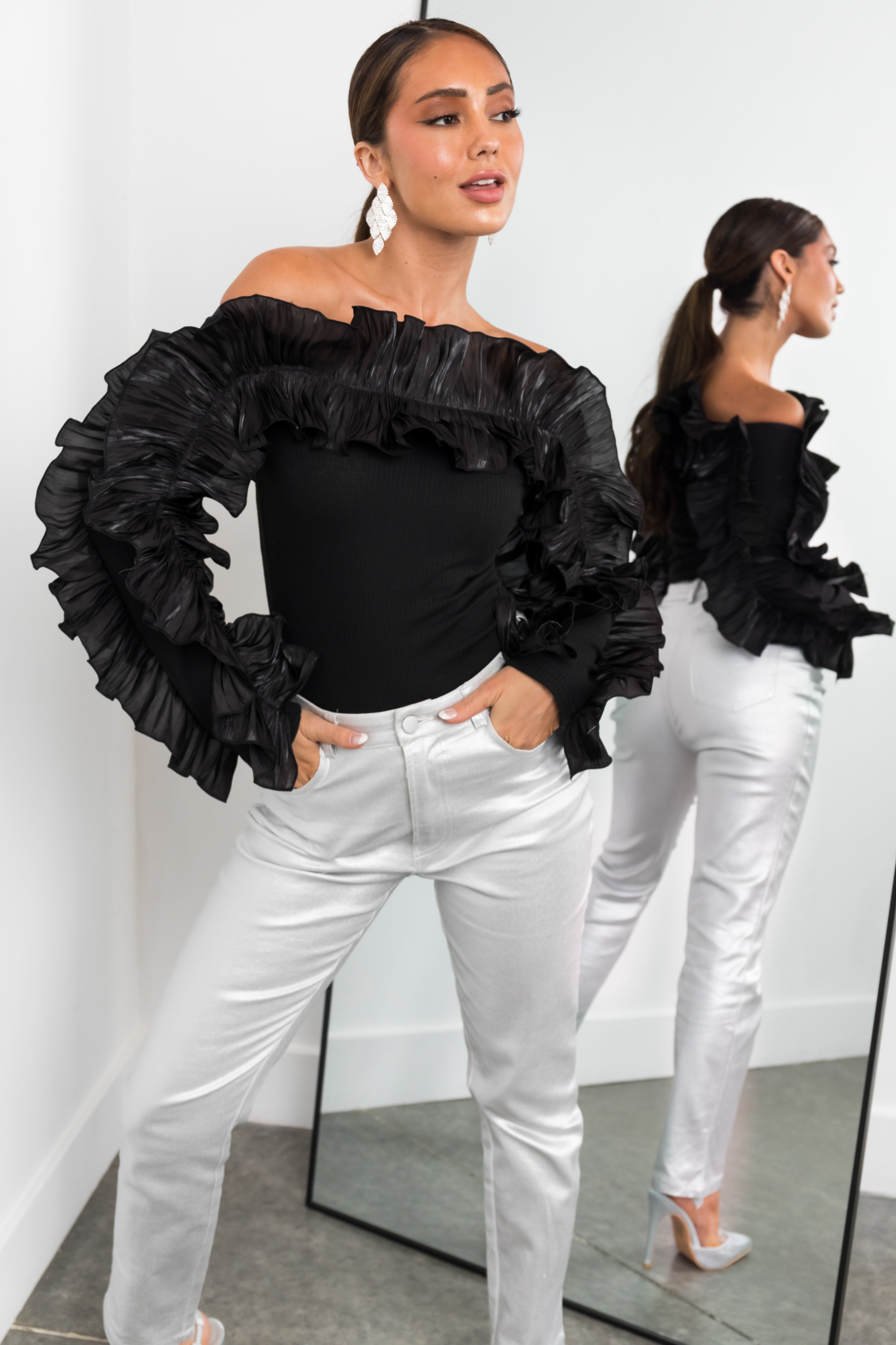 Women’s Black Off the Shoulder Ruffle Long Sleeve Top