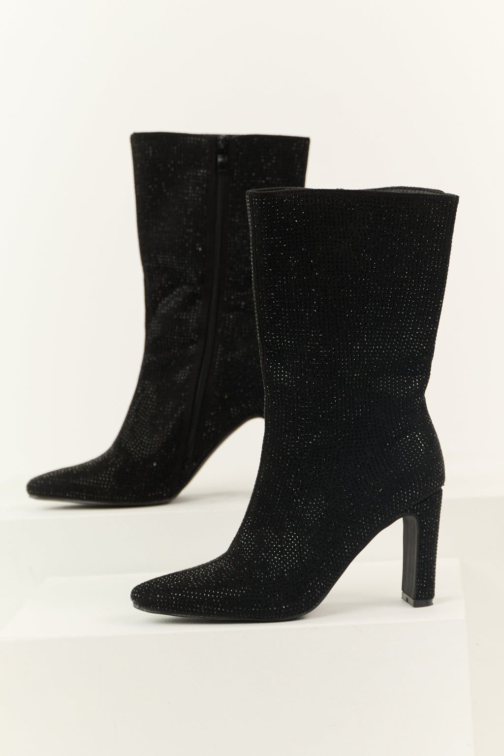Women’s Black Rhinestone Zip Up Heeled Boots