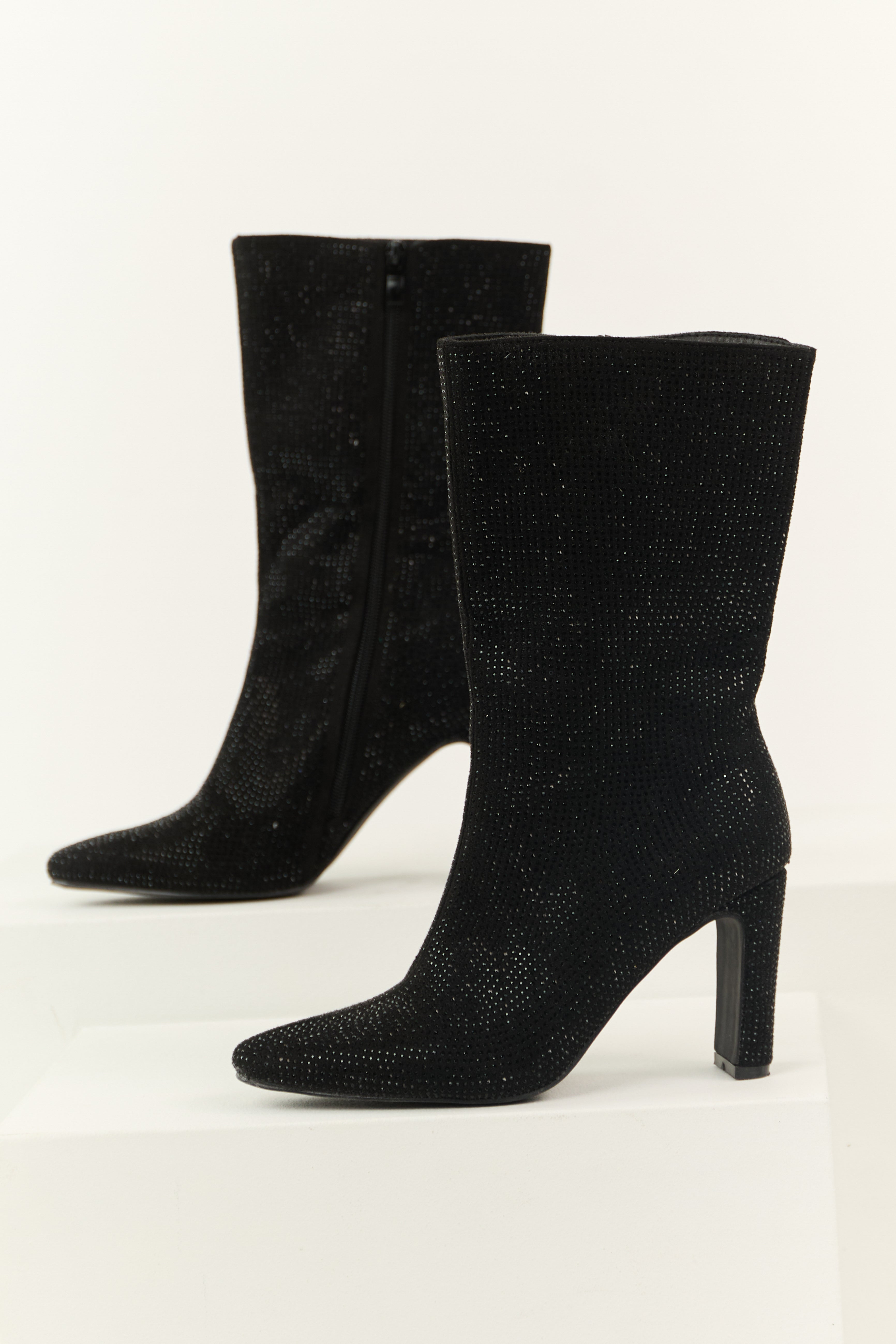 Women’s Black Rhinestone Zip Up Heeled Boots