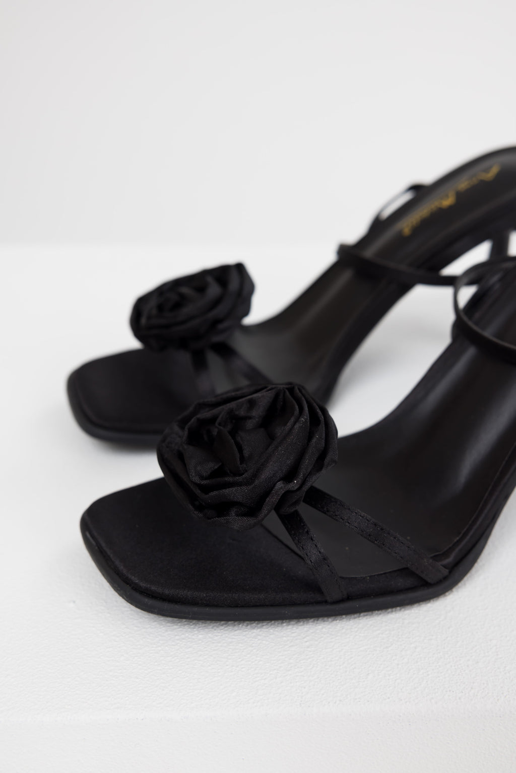 Women’s Black Satin Flower Strap Heels