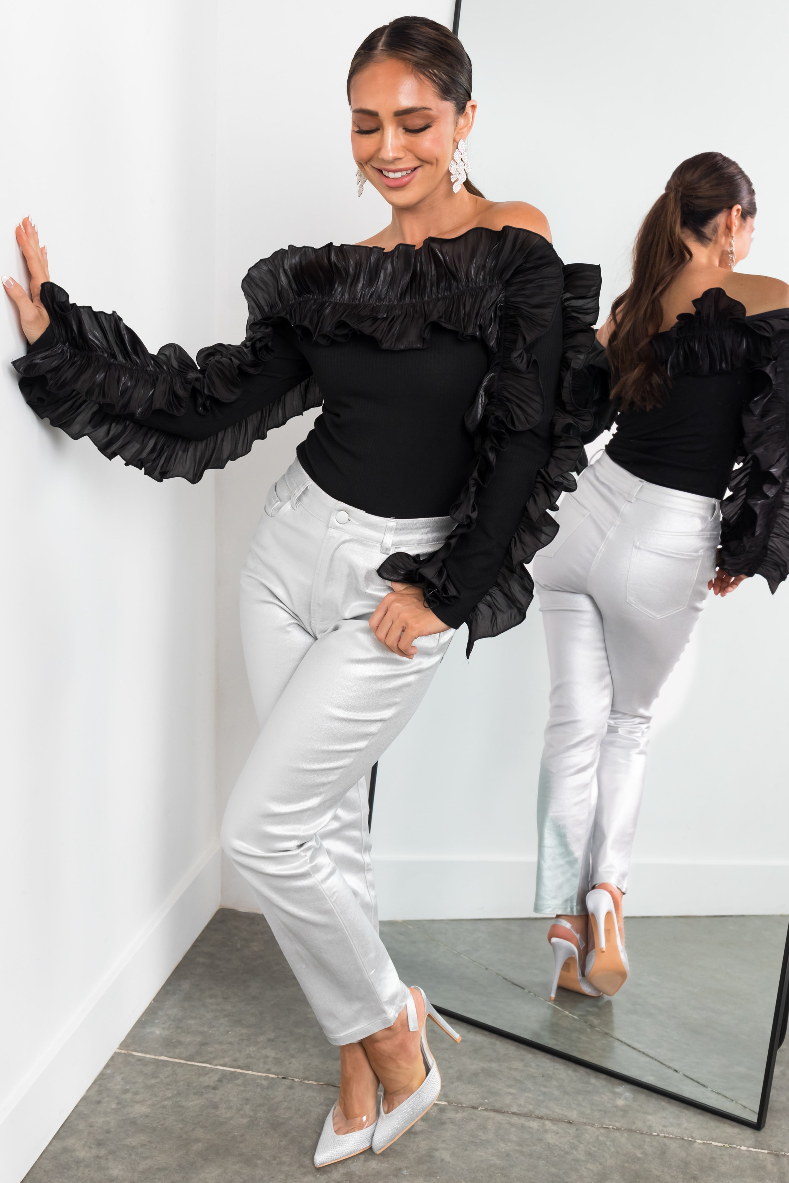 Women’s Black Off the Shoulder Ruffle Long Sleeve Top