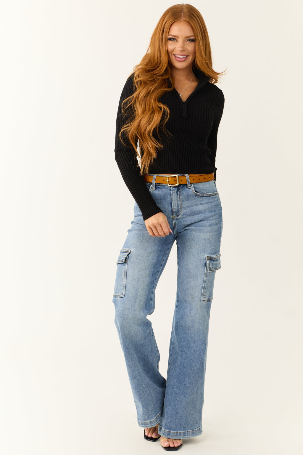 Women’s Black Ribbed Knit Half Zip Top