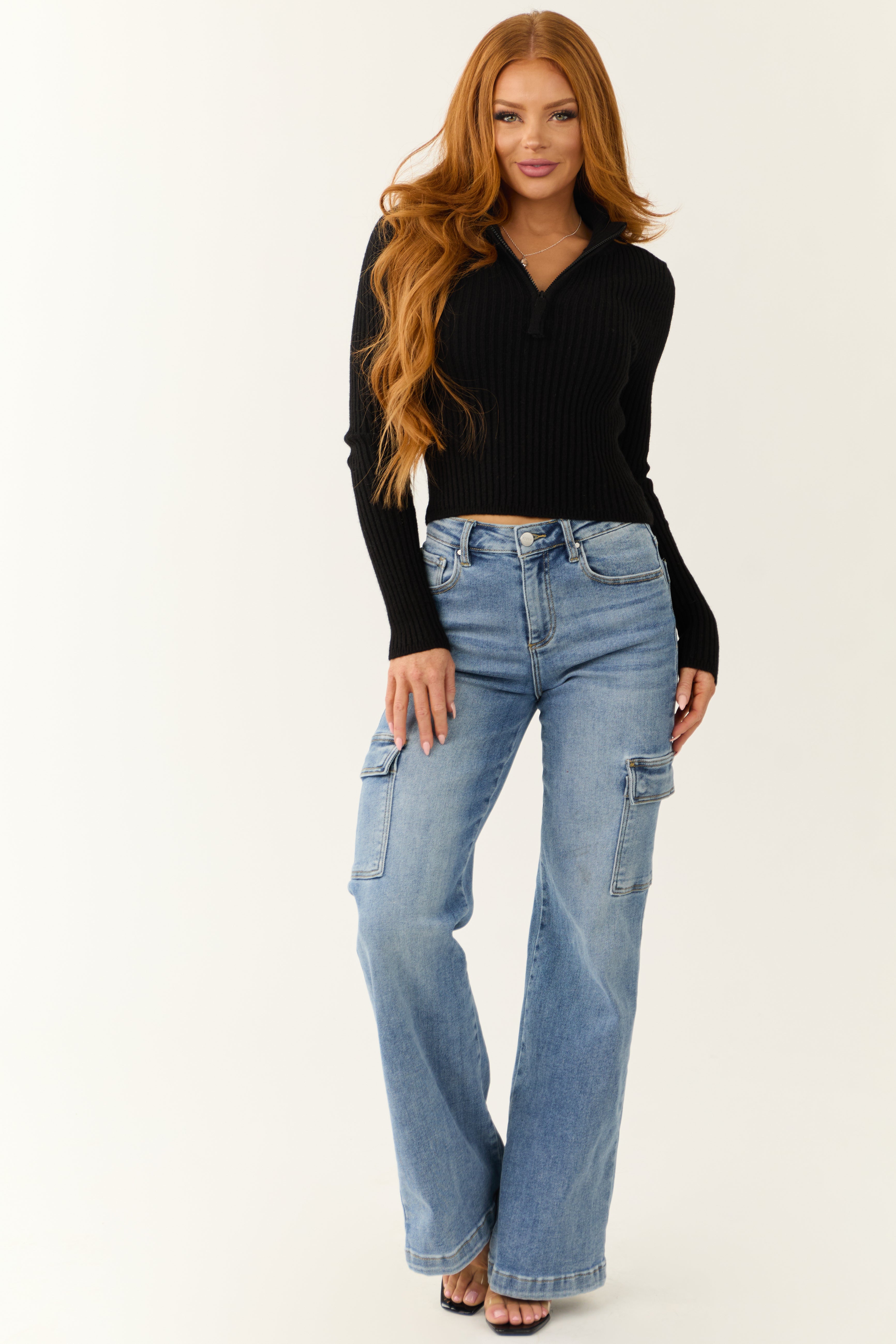 Women’s Black Ribbed Knit Half Zip Top