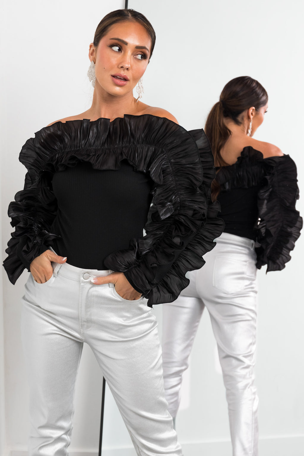 Women’s Black Off the Shoulder Ruffle Long Sleeve Top