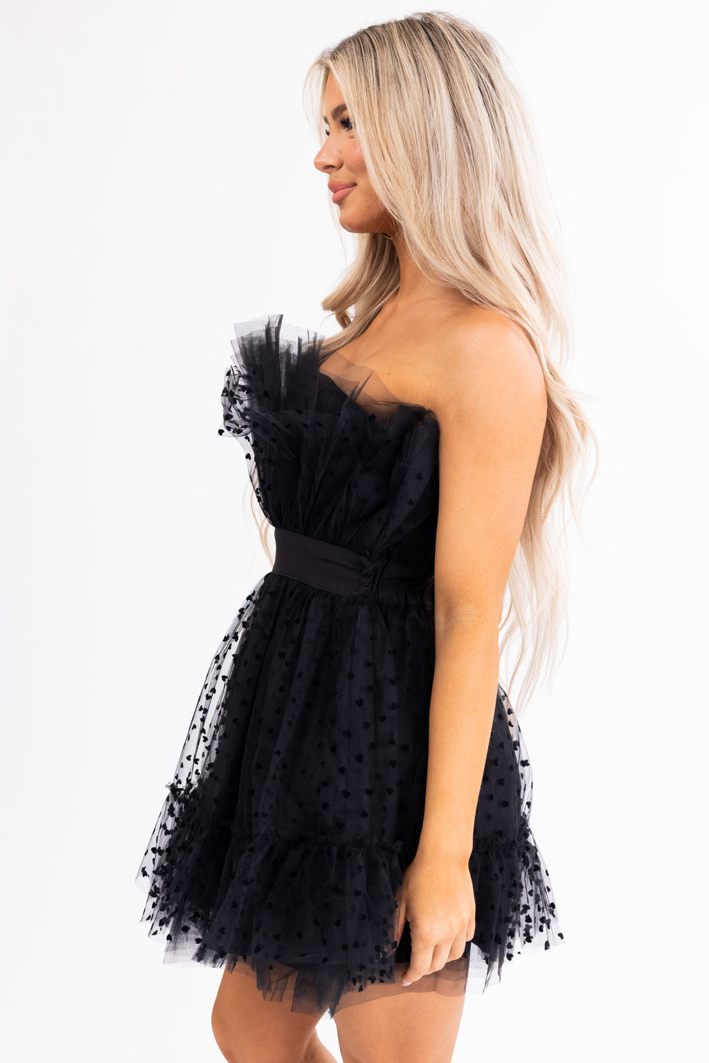 Women’s Black Strapless Ruffle Heart Detail Mini Dress
