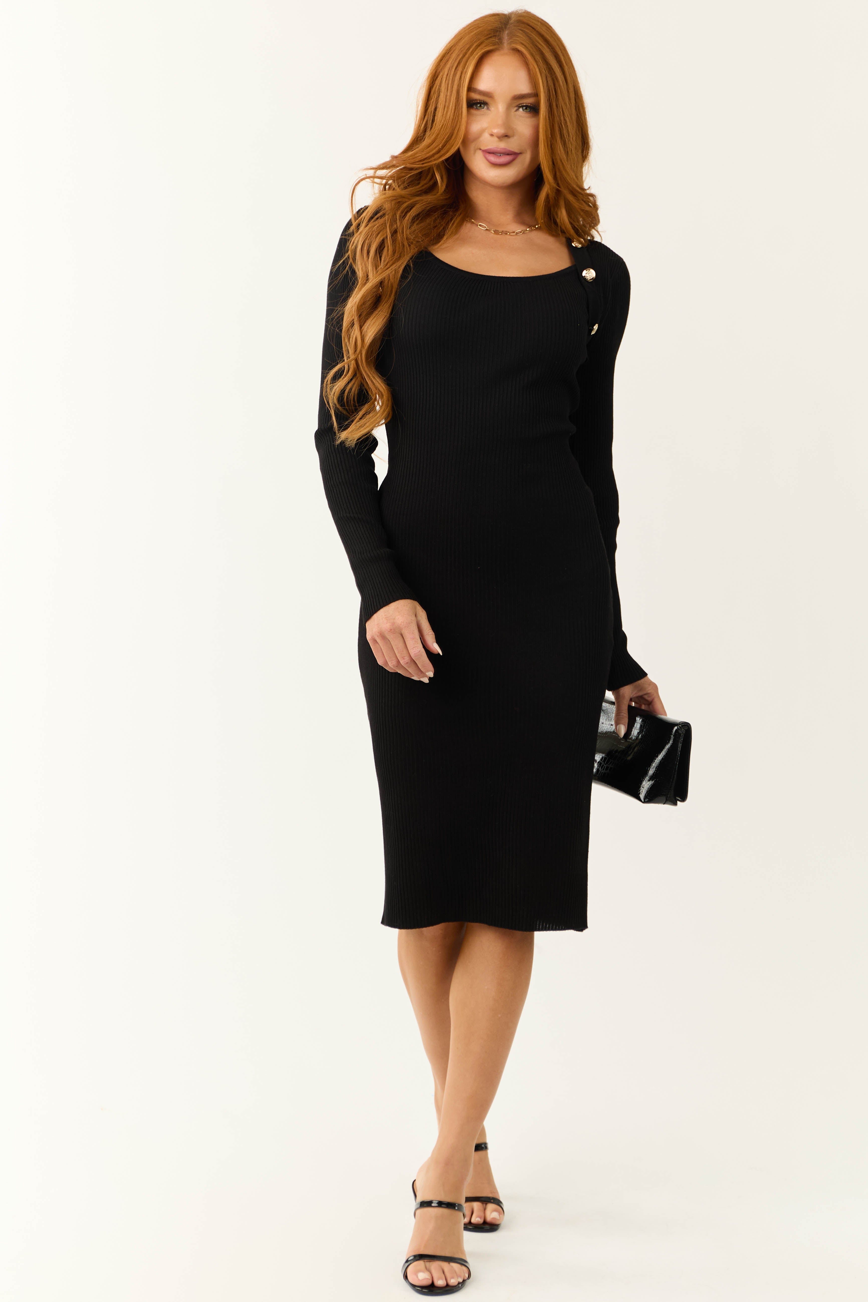 Women’s Black Long Sleeve Ribbed Midi Dress with Gold Buttons